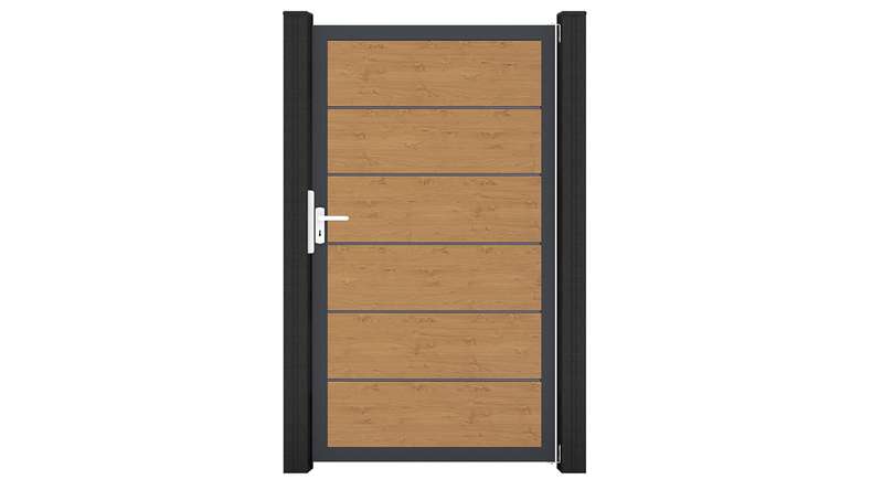 planeo Gardence Simply Premium - PVC universal door in natural knotty oak with aluminium frame in anthracite | DB703 100 x 180 cm