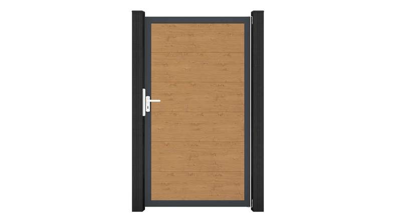 planeo Gardence Simply – Universal PVC gate in natural knotty oak with aluminium frame, 100 x 180 cm