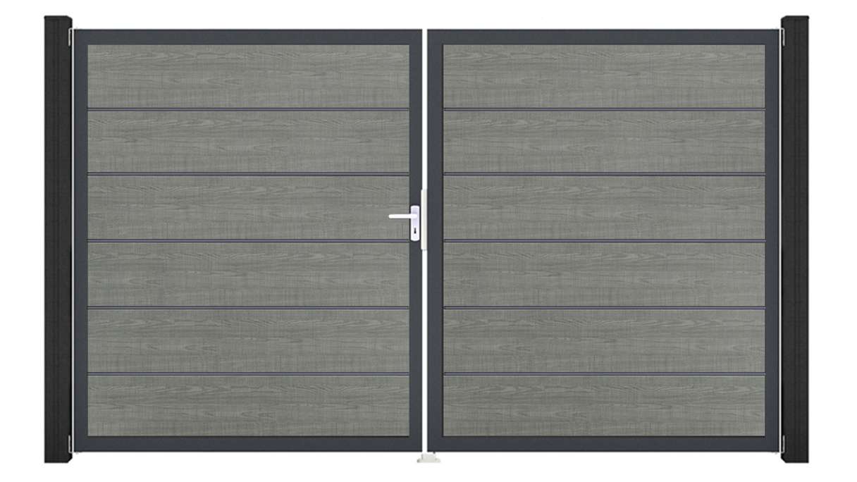 planeo Gardence Simply Premium – 2-panel PVC gate in Grey Ash Cut with aluminium frame, 300 x 180 cm
