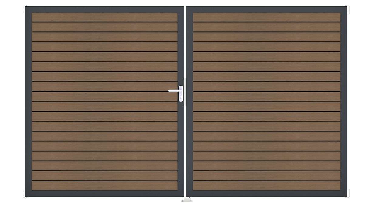 planeo Gardence Trendy – BPC Rhombus Gate – 2-leaf, teak co-ex with aluminium frame