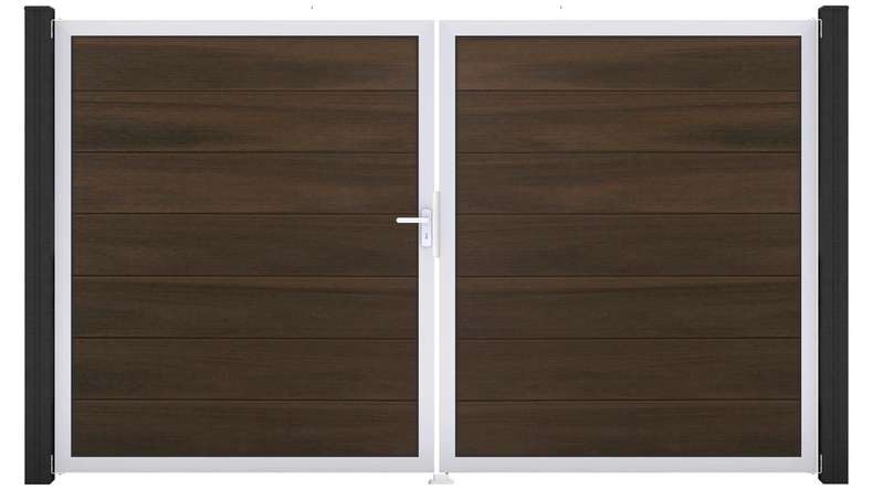 planeo Gardence Strong XL – BPC gate – double-leaf, walnut co-ex with aluminium frame
