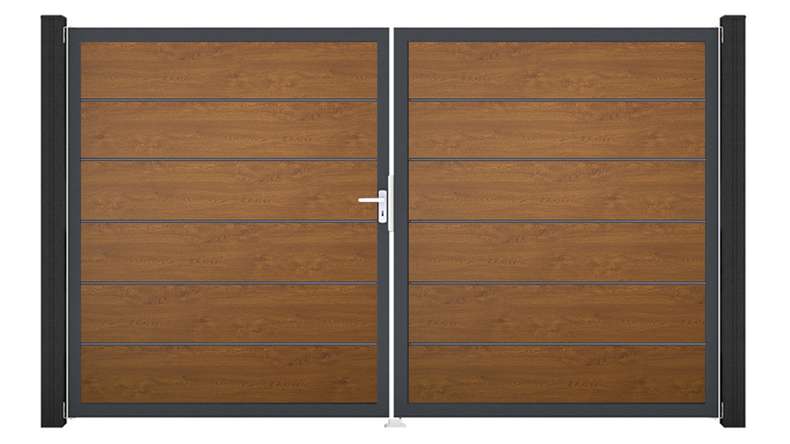 planeo Gardence Simply Premium - PVC door - DIN left 2-leaf Golden Oak with anthracite aluminium frame | DB703 300 x 180 cm