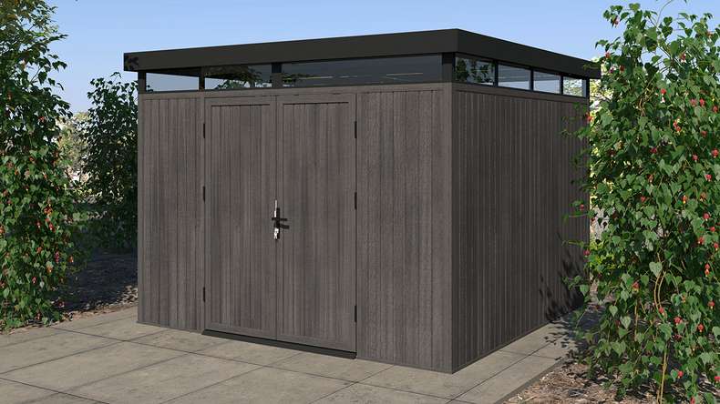 planeo WPC CoEx Flat-Roof Garden Shed L – Dark Grey 300 x 292 x 226.5 cm