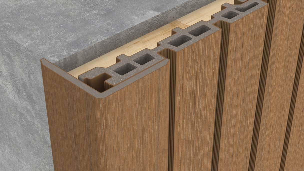 planeo LINEA – WPC CoEx internal and external corner profile, Burma Teak, 2900 x 55 x 55 mm