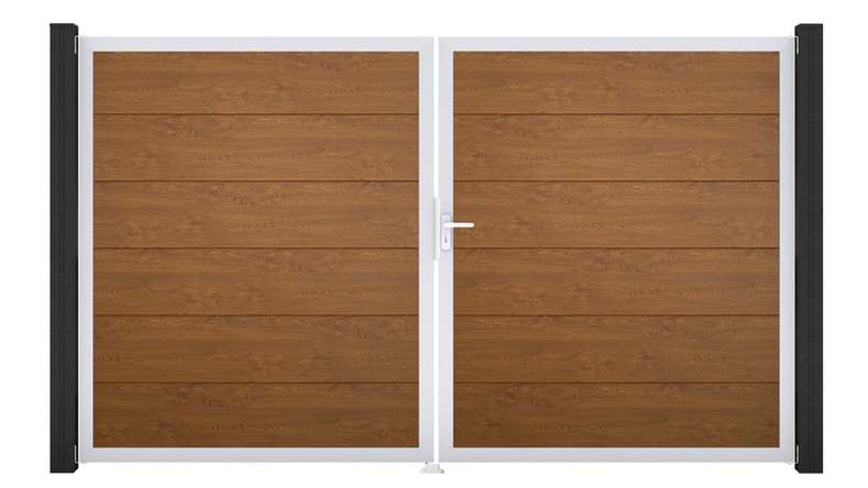 planeo Gardence PVC door - DIN right 2-leaf Golden Oak with silver aluminium frame