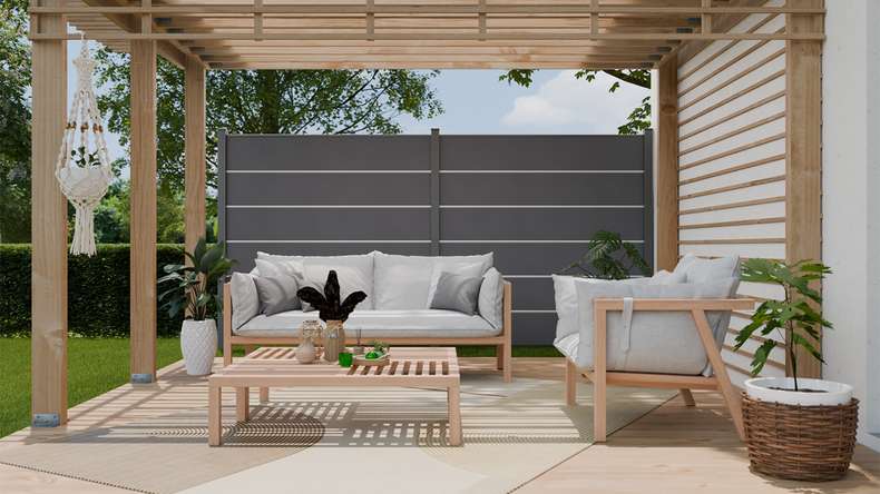 planeo Gardence Simply Premium - PVC plug-in fence anthracite grey with pilaster strips in anthracite 180 x 180 cm