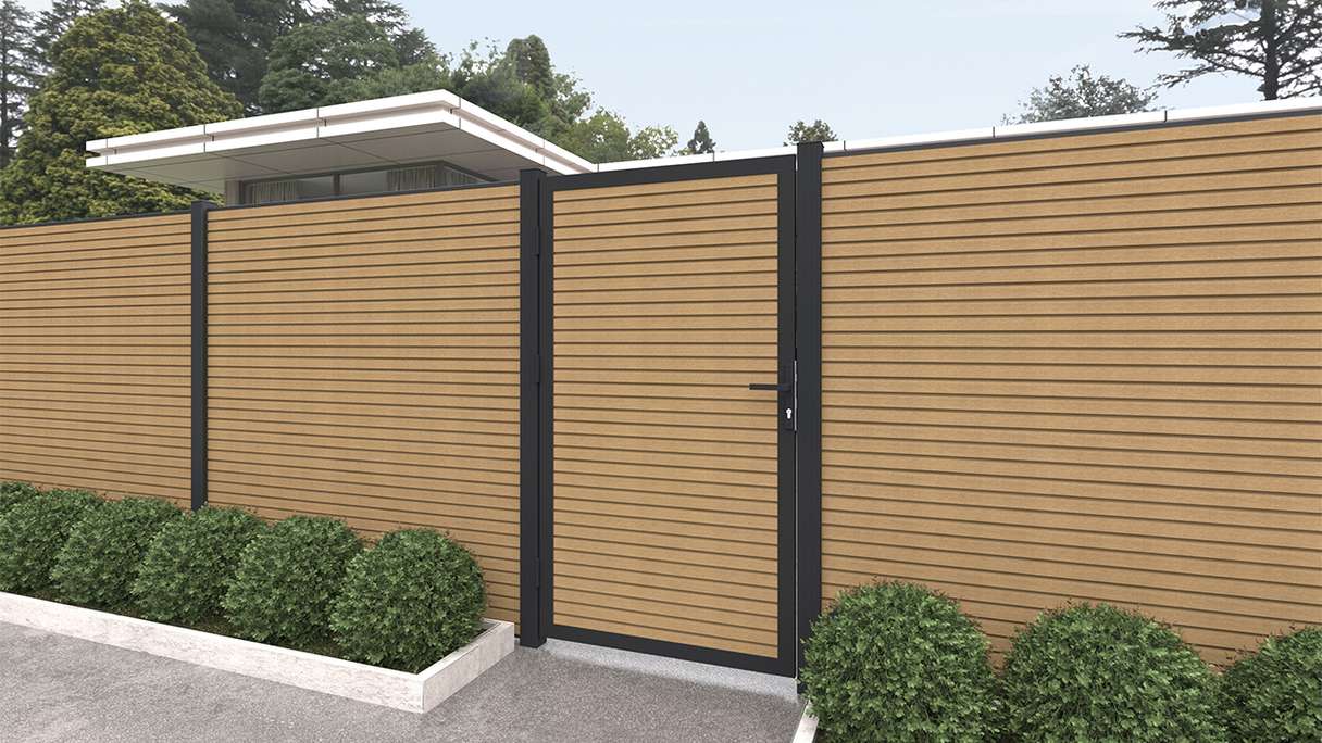 planeo LINEA - WPC CoEx Rhombus universal door sand with anthracite aluminium frame 100 x 180 cm