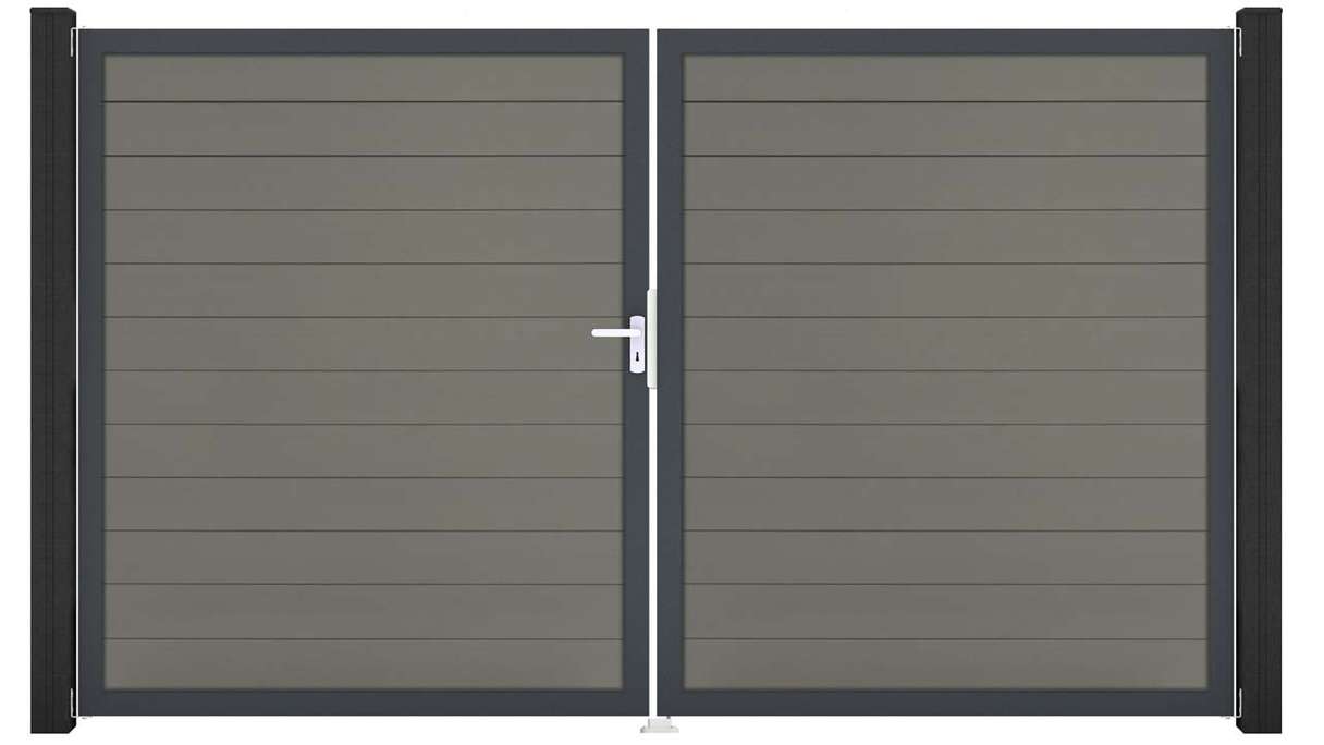 planeo Gardence Strong – BPC gate – double-leaf, grey with aluminium frame