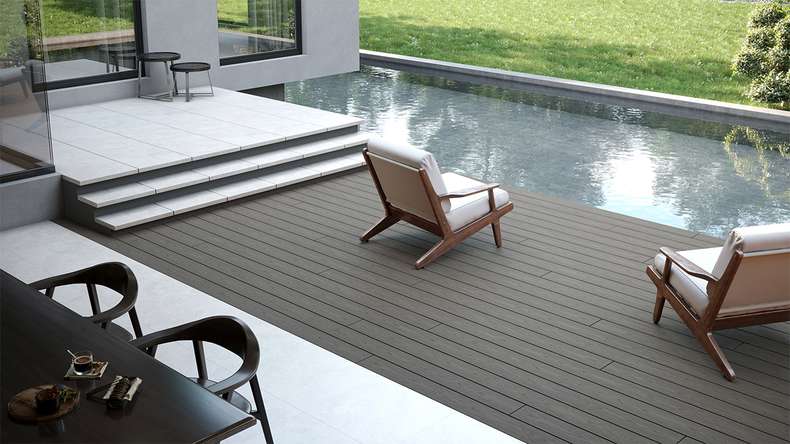 planeo CoEXWood WPC solid coated decking board - Grey/Cement 3m structured