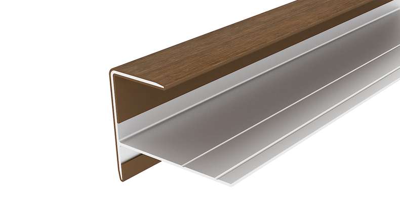planeo LINEA – Aluminium CoEx end profile, Burma Teak, 3000 x 74 x 61 mm