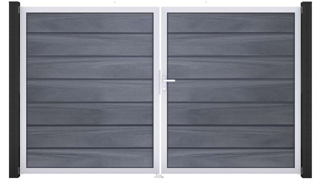 planeo Gardence Deluxe – BPC gate – double-leaf, stone grey co-ex with aluminium frame