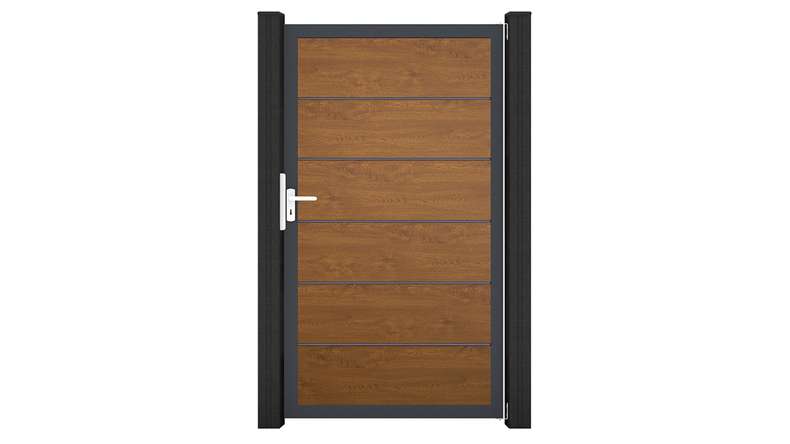 planeo Gardence Simply Premium – Golden Oak universal PVC gate with aluminium frame, 100 x 180 cm