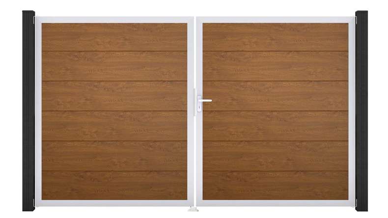 planeo Gardence Simply – 2-leaf PVC gate in Golden Oak with aluminium frame