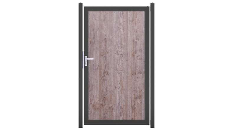 planeo Gardence Resistant – HPL privacy screen gate in a wood-effect finish with aluminium frame