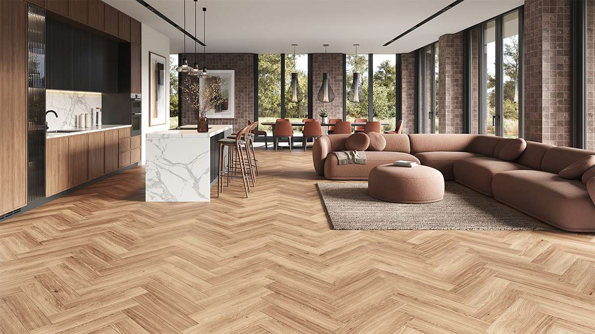 planeo Rigid Klick Vinyl - SolutionX 2in1 Herringbone Oak Light Brown | Impact sound insulation integrated (ECF-HB-4955)
