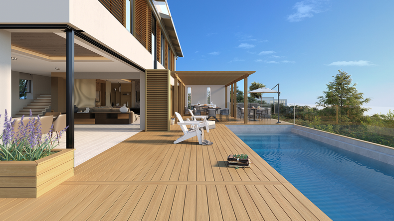 planeo UNIDeck – WPC CoEx-coated decking board, Sand, 3 m – textured/smooth brushed