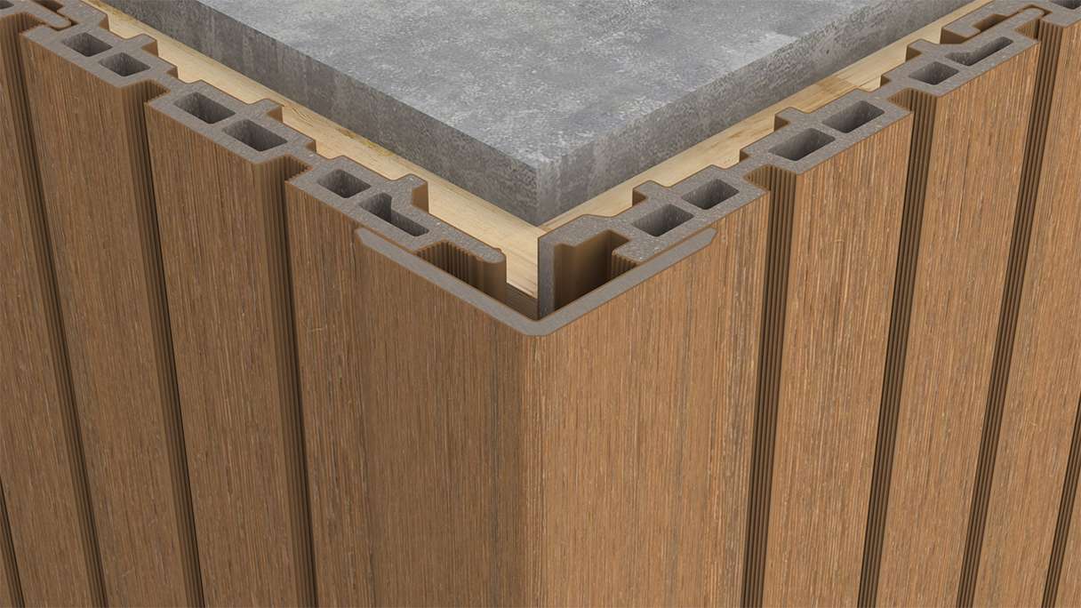 planeo LINEA – WPC CoEx internal and external corner profile, Burma Teak, 2900 x 55 x 55 mm