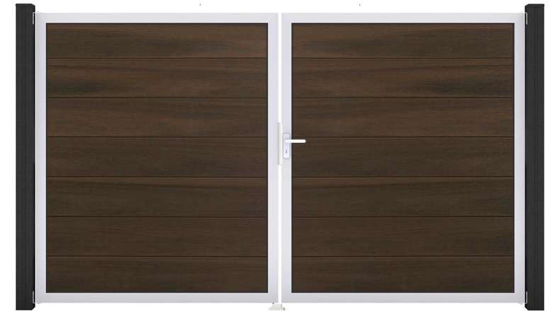 planeo Gardence Strong XL – BPC gate – double-leaf, walnut co-ex with aluminium frame