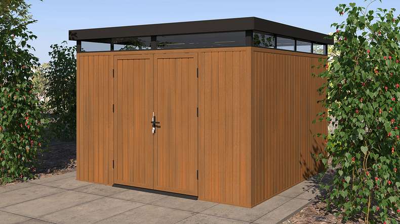 planeo WPC CoEx Flat-Roof Garden Shed L – Burma Teak 300 x 292 x 226.5 cm