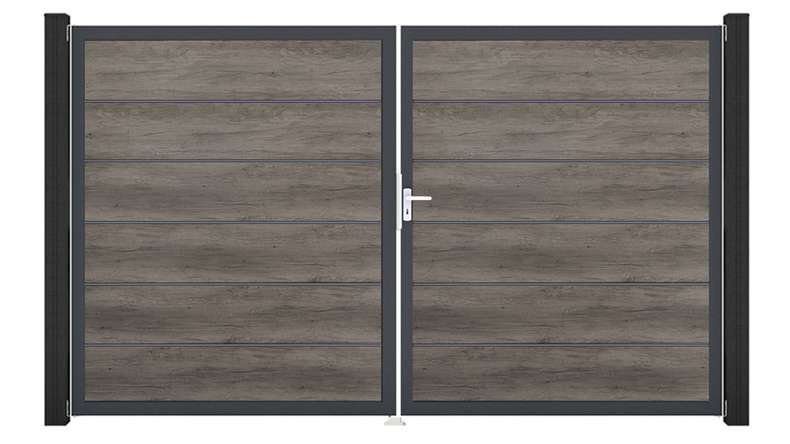planeo Gardence Simply Premium – 2-panel PVC gate in Monument Oak with aluminium frame, 300 x 180 cm