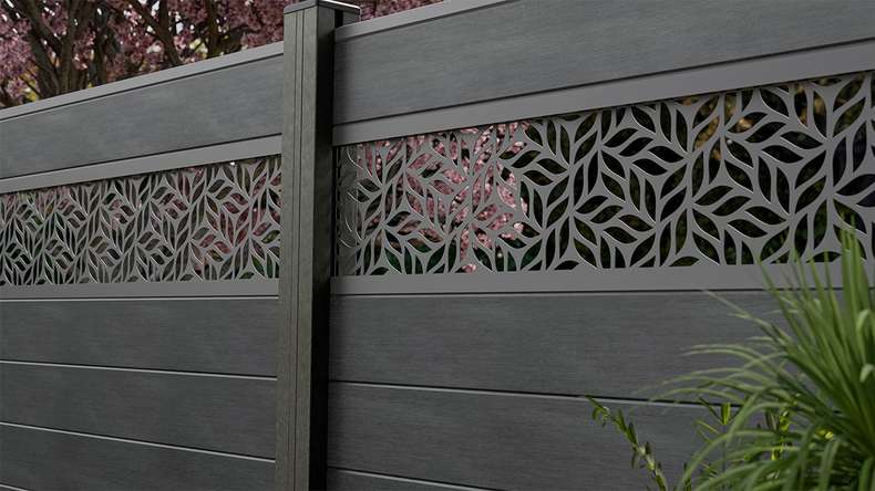 planeo Gardence Strong - BPC plug-in fence Leafs stone grey co-ex 180 x 180 cm