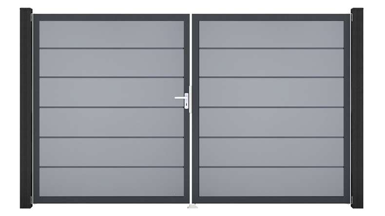 planeo Gardence Simply Premium – 2-panel PVC gate, silver-grey with aluminium frame, 300 x 180 cm