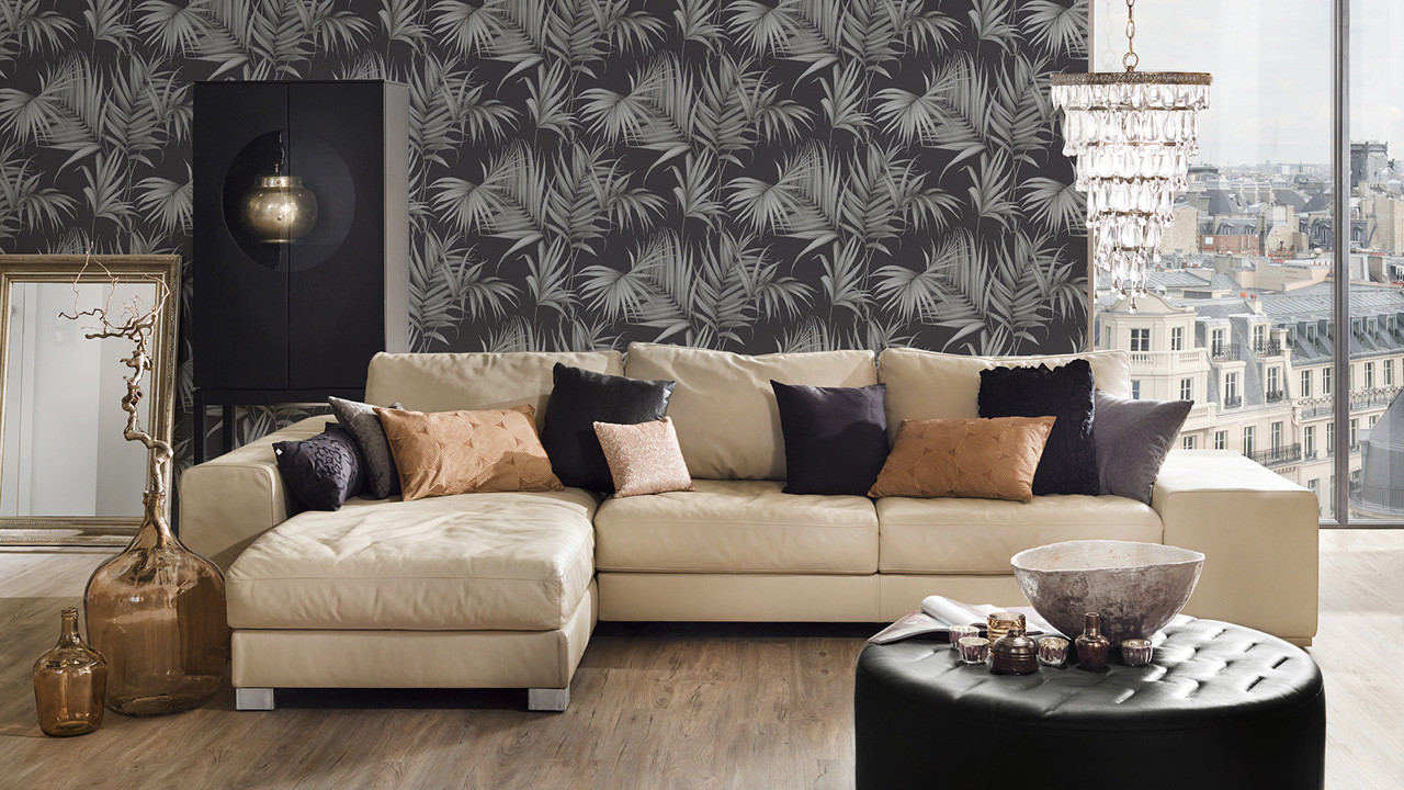 Country House Wallpaper Dream Again Michalsky Living Modern Country Style  Palm Leaves Black Grey 053 - Wallpaper