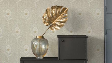Absolutely Chic Architects Paper Retro Peacock Feathers Beige Grey Metallic 717 Vinyl Wallpaper