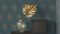 Absolutely Chic Architects Paper Retro Peacock Feathers Blue Yellow Metallic 712 Vinyl Wallpaper