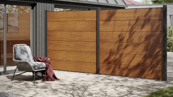 planeo Gardence PVC plug-in fence - Toffee Oak incl. design insert of your choice 180 x 180 cm
